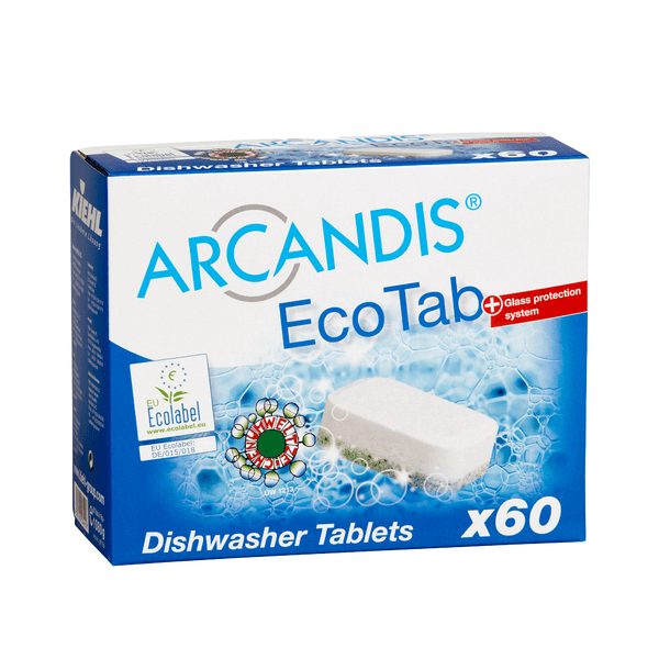 Una scatola blu-bianca con la scritta "Kiehl ARCANDIS-EcoTab pastiglie per lavastoviglie" della Johannes Kiehl KG, che mostra un'immagine delle pastiglie, il logo del marchio ecologico dell'UE e il testo per 60 pastiglie senza fosfati con protezione per il vetro; la confezione contiene 5 scatole.