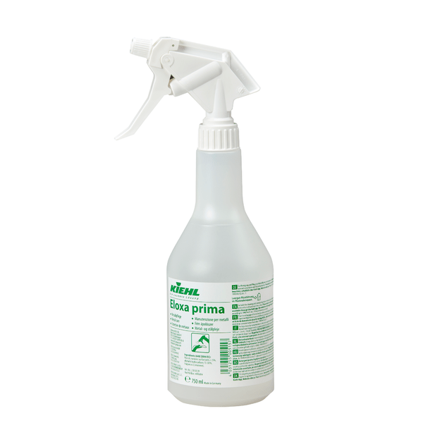 Flacone spray in plastica trasparente "Kiehl Eloxa prima Metallpflege 750 ml" della Johannes Kiehl KG con beccuccio spray bianco e scritta verde per la pulizia e la cura delle superfici metalliche; disponibile anche in cartone con 6 flaconi.