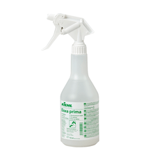 Flacone spray in plastica trasparente "Kiehl Eloxa prima Metallpflege 750 ml" della Johannes Kiehl KG con beccuccio spray bianco e scritta verde per la pulizia e la cura delle superfici metalliche; disponibile anche in cartone con 6 flaconi.