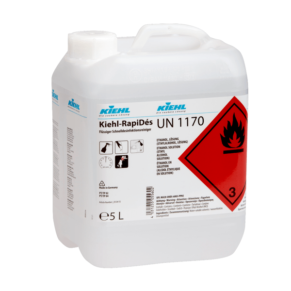 Un detergente disinfettante rapido liquido Kiehl RapiDés da 5 litri della Johannes Kiehl KG per una pulizia e disinfezione rapida, con avvertenza di infiammabilità, informazioni chimiche e simboli di sicurezza sulla parte anteriore.