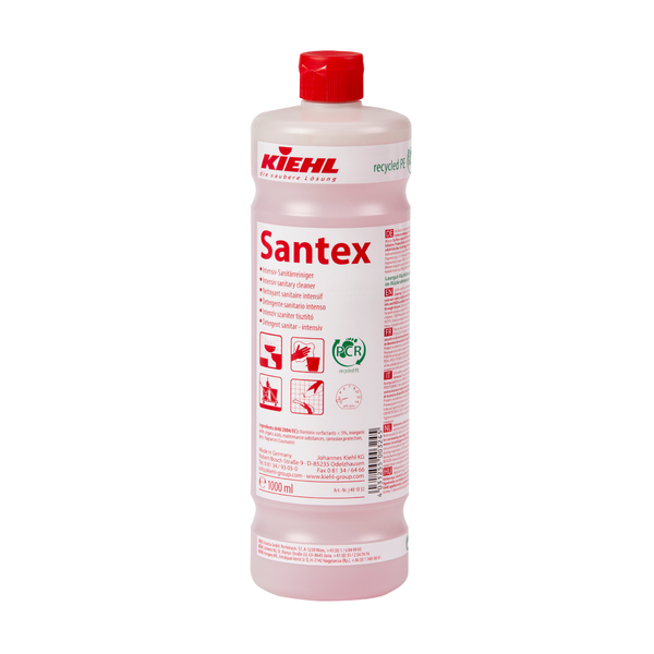 La bottiglia di plastica da 1.000 ml del detergente sanitario intensivo Kiehl Santex della Johannes Kiehl KG ha un tappo rosso, un'etichetta rossa con istruzioni per l'uso, pittogrammi e informazioni sul prodotto, nonché un marchio di controllo verde ed è un efficace detergente sanitario e anticalcare.