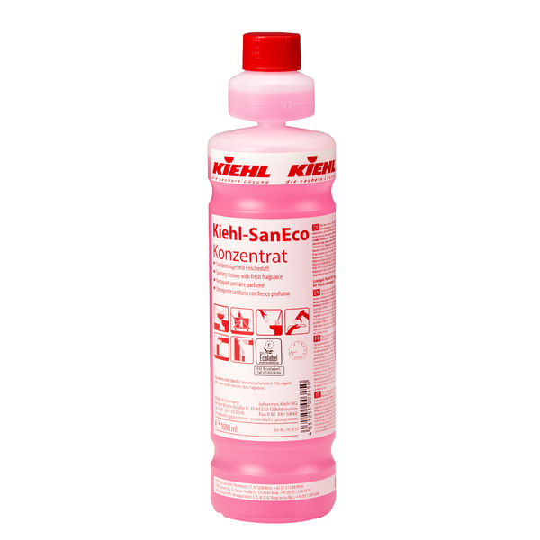 Una bottiglia di plastica rosa da 1 litro di Kiehl SanEco Koncentrato Detergente Sanitario con profumo fresco di Johannes Kiehl KG con tappo rosso, etichetta rosso-bianca con pittogrammi e istruzioni per l'uso sul davanti.