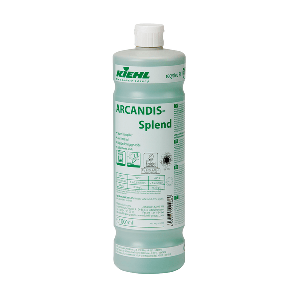 Una bottiglia da 1.000 ml di Kiehl ARCANDIS-Splend Brillantante Acido della Johannes Kiehl KG, un brillantante colorato di verde per lavastoviglie. Sull'etichetta ci sono istruzioni multilingue, simboli di sicurezza e informazioni sull'uso contro il calcare.