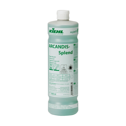 Una bottiglia da 1.000 ml di Kiehl ARCANDIS-Splend Brillantante Acido della Johannes Kiehl KG, un brillantante colorato di verde per lavastoviglie. Sull'etichetta ci sono istruzioni multilingue, simboli di sicurezza e informazioni sull'uso contro il calcare.