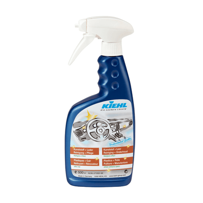 Un flacone spray blu da 500 ml della Johannes Kiehl KG Kunststoff+Leder / Reiniger+Pflege con pulsante bianco, etichettato per la pulizia e la cura delle superfici in plastica e pelle, ideale per la pulizia delle superfici e la cura della pelle.