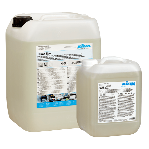 Due contenitori di plastica (20L e 10L) del detergente per bicchieri e stoviglie Kiehl DIWA-Evo della Johannes Kiehl KG con etichette bianche con informazioni sul prodotto, logo del marchio e istruzioni per l'uso. Ideale come detergente per stoviglie e bicchieri.