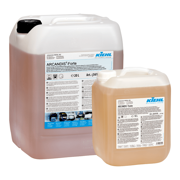 Due contenitori di plastica trasparente (20L & 10L) della Johannes Kiehl KG Kiehl ARCANDIS-Forte detergente intensivo per lavastoviglie industriali, con etichette dettagliate bianche del prodotto.