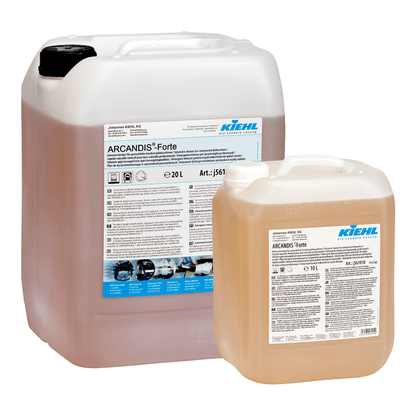 Due contenitori di plastica trasparente (20L & 10L) della Johannes Kiehl KG Kiehl ARCANDIS-Forte detergente intensivo per lavastoviglie industriali, con etichette dettagliate bianche del prodotto.