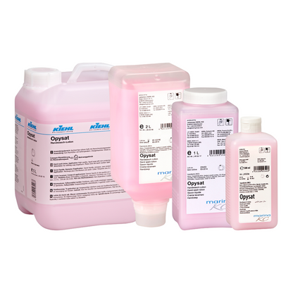 Quattro contenitori di Kiehl Opysat Handwasch-Lotion della Johannes Kiehl KG (da 1 a 5 litri) con chiusura bianca e etichette dettagliate offrono una pulizia delle mani delicata e neutra per il pH. Il marchio "Kiehl" è chiaramente visibile su ogni contenitore.