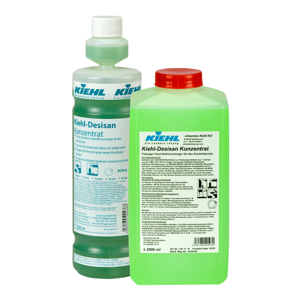Due bottiglie di Kiehl Desisan Concentrato Detergente disinfettante liquido senza acidi di Johannes Kiehl KG: una alta, trasparente con chiusura bianca/etichetta blu; una rettangolare, verde con chiusura rossa/etichetta bianca - ideale per la pulizia igienica.