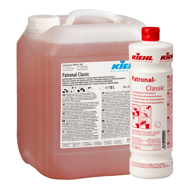 Due confezioni del detergente sanitario Kiehl Patronal-Classic con formula protettiva della Johannes Kiehl KG - un contenitore da 10L e una bottiglia da 1L, entrambi con etichetta bianca e scritta rossa; con formula biodegradabile.