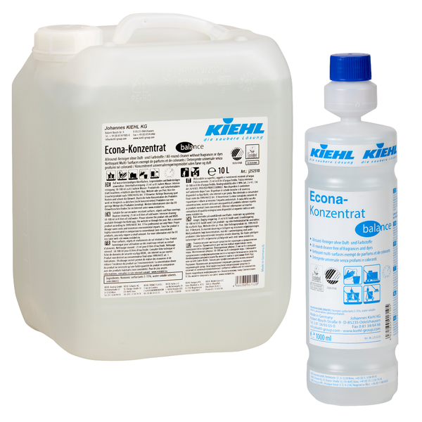 Sono raffigurati due contenitori del concentrato Kiehl Econa balance detergente universale senza profumi e coloranti di Johannes Kiehl KG: a sinistra un tanica da 10 litri e a destra una bottiglia da 1 litro, entrambi con informazioni sul prodotto.