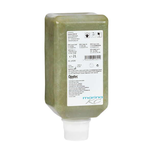 Una bottiglia rettangolare da 2 litri del detergente per le mani verde Kiehl Opytec per sporco grosso della Johannes Kiehl KG con un'etichetta informativa bianca e un'ampia chiusura dosatrice sul fondo contiene un detergente per mani efficace per lo sporco intenso.