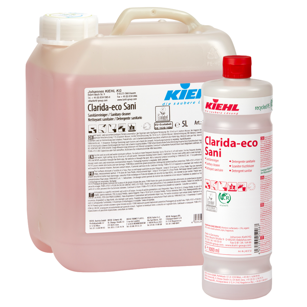 Due contenitori di Johannes Kiehl KG Kiehl Clarida-eco Sani Sanitärreiniger: un tanica trasparente da 5L con tappo bianco ed etichetta e una bottiglia da 1L con tappo rosso ed etichetta bianca/rossa, entrambi con liquido rosa.