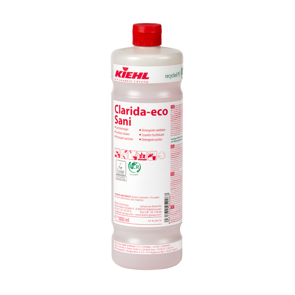 La bottiglia di plastica bianca "Kiehl Clarida-eco Sani Sanitärreiniger" della Johannes Kiehl KG ha una capacità di 1.000 ml, è dotata di scritte rosse e pittogrammi e riporta informazioni sul riciclaggio e sulla sicurezza sull'etichetta.