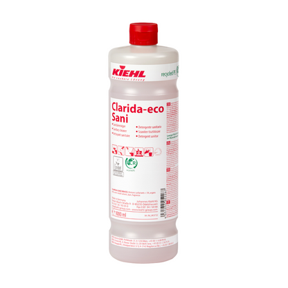 La bottiglia di plastica bianca "Kiehl Clarida-eco Sani Sanitärreiniger" della Johannes Kiehl KG ha una capacità di 1.000 ml, è dotata di scritte rosse e pittogrammi e riporta informazioni sul riciclaggio e sulla sicurezza sull'etichetta.