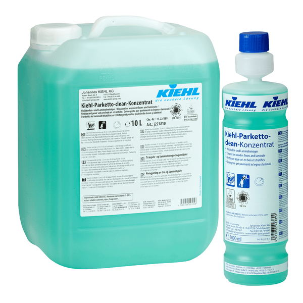 Sei bottiglie da 1 litro di concentrato detergente per pavimenti in legno e laminato Kiehl-Parketto-clean della Johannes Kiehl KG, ciascuna con etichetta blu-bianca e tappo blu, confezionate in una scatola.