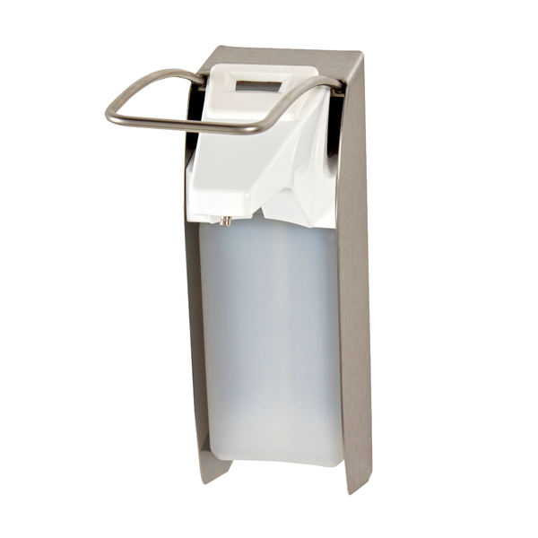 Il distributore di sapone e disinfettante Kiehl Ophardt ingo-man plus IMP E/24 500ml in acciaio inossidabile con leva di comando lunga e contatore digitale di cicli di Johannes Kiehl KG è raffigurato su uno sfondo bianco semplice.