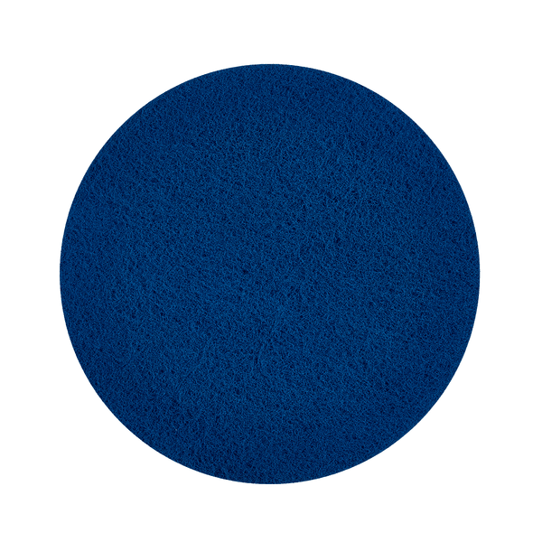 Un tampone di levigatura rotondo, piatto e blu Kiehl Legno-Pad della Johannes Kiehl KG con superficie strutturata per la cura del legno, raffigurato su sfondo bianco.