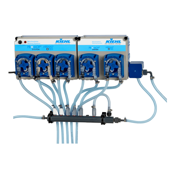 Un dispositivo di controllo del livello peristaltico ARENAS montato a parete della Johannes Kiehl KG gestisce fino a 7 contenitori di sostanze chimiche con monitoraggio preciso, progettato per pompe ARENAS-P e -H. Include quattro controlli della pompa trasparenti blu e connessioni etichettate per un dosaggio sicuro.