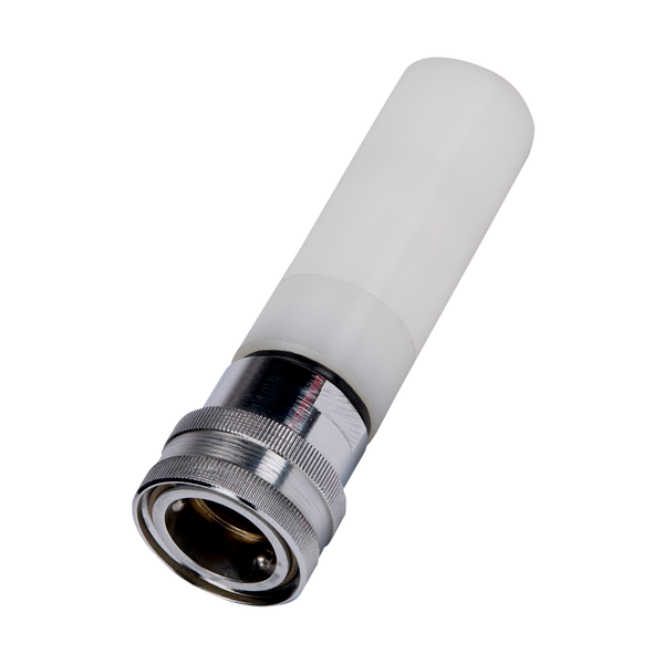 Un primo piano di un adattatore in metallo e plastica bianca della Johannes Kiehl KG dall'attacco schiuma Kiehl per ugello spray LW FOC (1 pezzo), isolato su sfondo bianco.