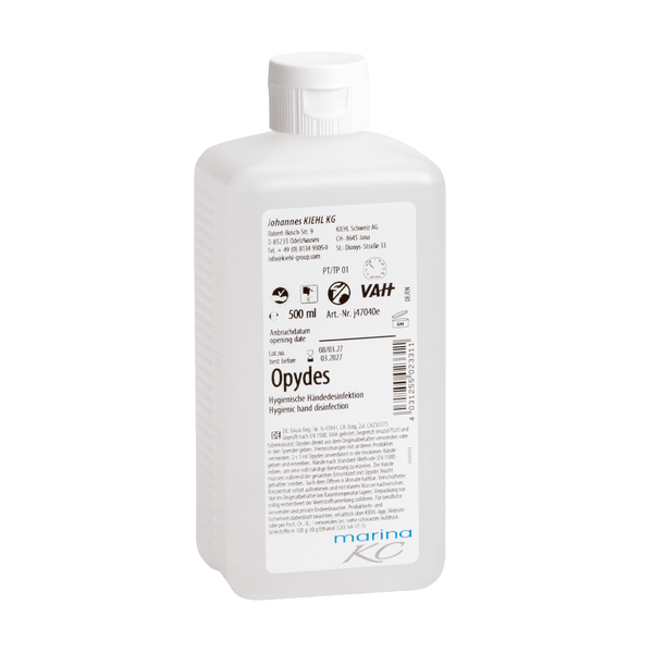 Bottiglia di plastica bianca da 500 ml Kiehl Opydes Igienico Disinfezione delle Mani della Johannes Kiehl KG con tappo bianco ed etichetta con istruzioni per l'uso, indicazioni sul dosaggio, informazioni sul produttore e loghi di certificazione.