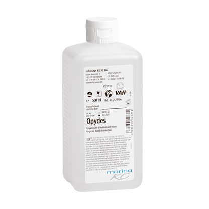 Bottiglia di plastica bianca da 500 ml Kiehl Opydes Igienico Disinfezione delle Mani della Johannes Kiehl KG con tappo bianco ed etichetta con istruzioni per l'uso, indicazioni sul dosaggio, informazioni sul produttore e loghi di certificazione.