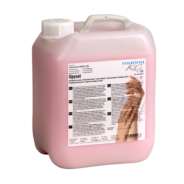 In un contenitore di plastica rosa da 5 litri con coperchio bianco, etichettato in diverse lingue, si trova la lozione lavamani Kiehl Opysat della Johannes Kiehl KG, un sapone neutro per il pH per una pulizia delicata delle mani.