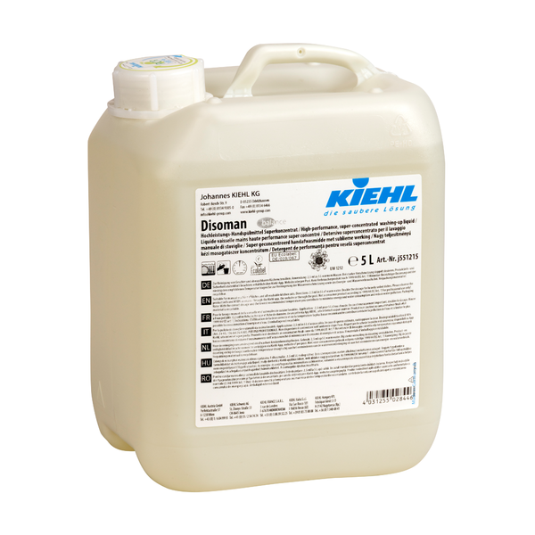 Il contenitore di plastica da 5 litri del detergente per stoviglie ad alte prestazioni Kiehl Disoman Superconcentrato della Johannes Kiehl KG è dotato di un'etichetta bianca con informazioni sul prodotto e marchio, nonché di un tappo a vite e una maniglia per un'efficace pulizia.
