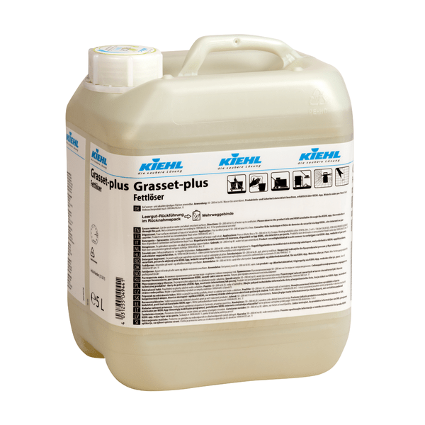 Un contenitore di plastica da 10 litri di Kiehl Grasset-plus sgrassatore della Johannes Kiehl KG, un efficace sgrassatore e detergente per tutte le superfici, con tappo a vite bianco e un'etichetta con informazioni sul prodotto, istruzioni e simboli di sicurezza.