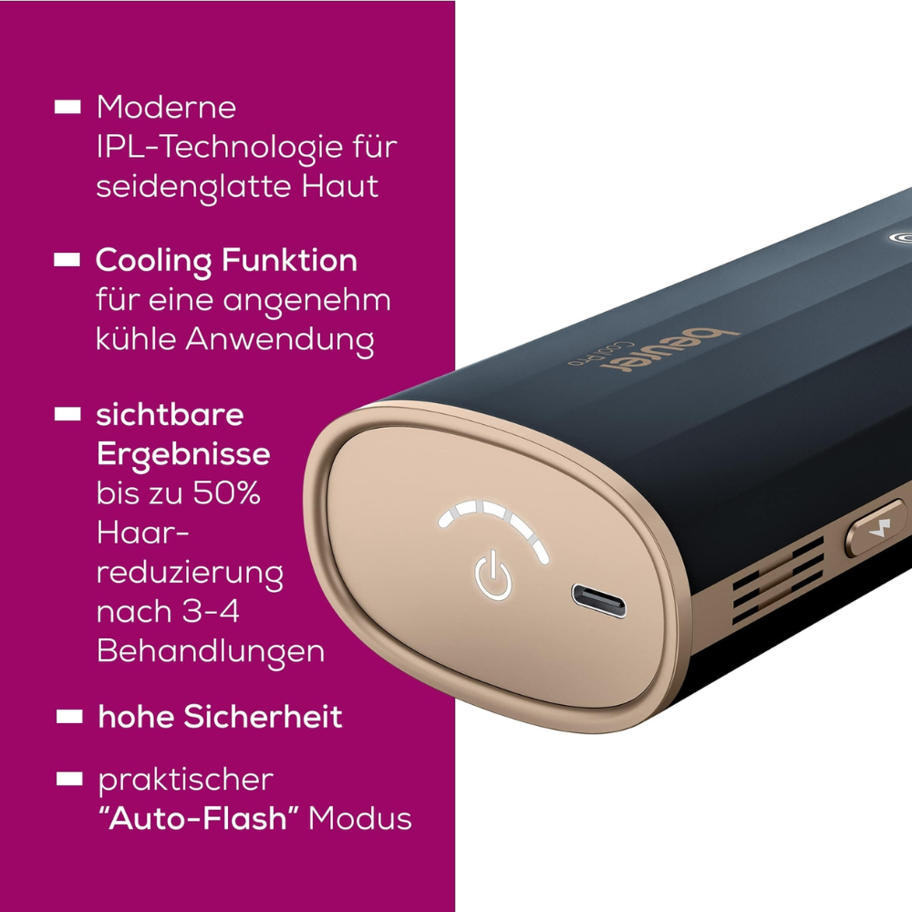 Un primo piano del dispositivo per la rimozione dei peli IPL 7800 COOL PRO di Beurer GmbH in nero e oro. Il dispositivo è mostrato da una prospettiva che mette in evidenza il pulsante di accensione, la funzione di raffreddamento e la modalità 'Auto-Flash'. Testo in tedesco intorno al dispositivo descrive la sua moderna tecnologia a luce IPL e i suoi vantaggi.