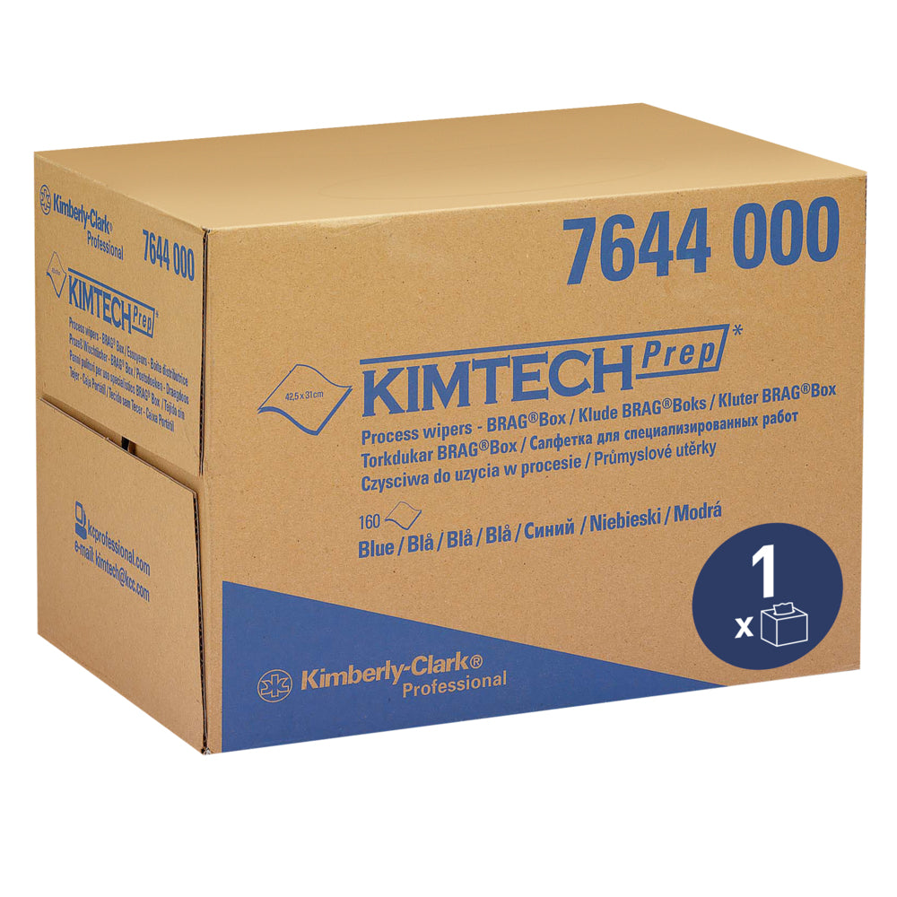 Eine braune Schachtel der Kimberly-Clark GmbH mit der Aufschrift "Kimtech® Prozeßwischtücher - BRAG™ Box / Blau" enthält 160 blaue Tücher für die industrielle Reinigung, mit Produktinformationen in verschiedenen Sprachen auf dem Karton.