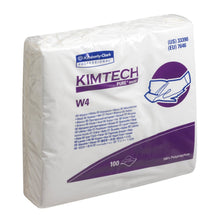 Una confezione sigillata di salviette Kimtech® Pure W4 - Singole / Bianche di Kimberly-Clark GmbH contiene 100 panni per camera bianca bianchi. La confezione prevalentemente bianca contiene una scritta viola e un'immagine di pulizia delle mani per uso professionale.