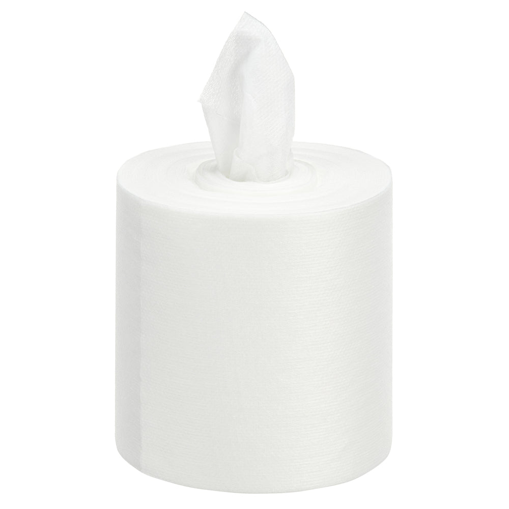 Un singolo grande rotolo bianco di salviette detergenti WypAll® Wettask™ PowerClean (6 ricariche x 120 fogli, bianco) di Kimberly-Clark GmbH è raffigurato con un foglio parzialmente estratto dal centro su uno sfondo bianco uniforme.