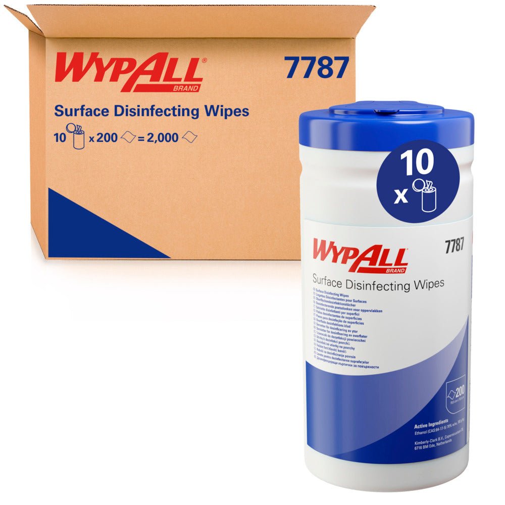 Un secchio dispensatore di salviette per la disinfezione delle superfici WypAll® (bianco, 200 salviette) della Kimberly-Clark GmbH si trova davanti a una scatola con 10 secchi e assicura una disinfezione efficace di varie superfici grazie al coperchio blu.