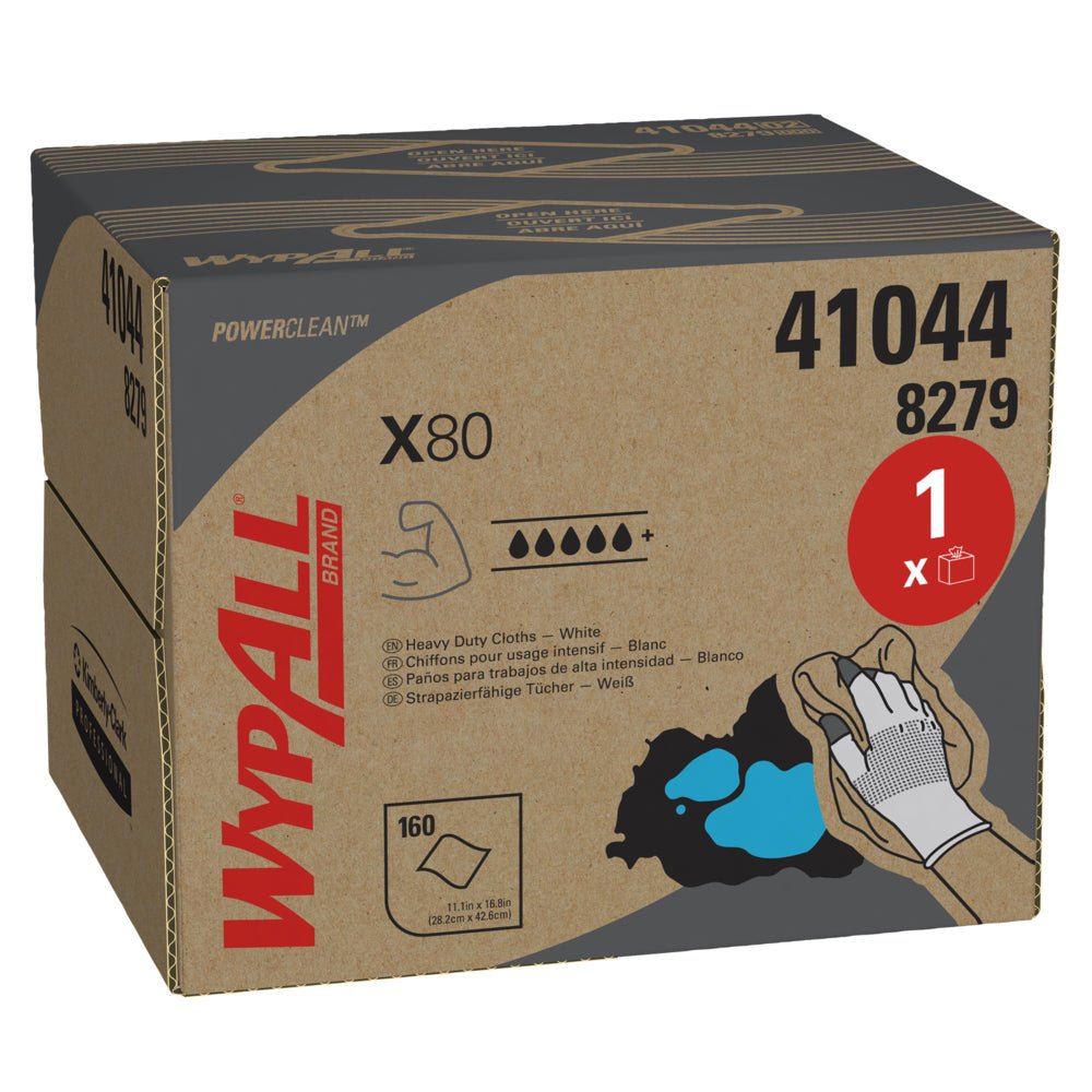 Una scatola di WypAll® X80 PowerClean - BRAG™ Box / Bianco della Kimberly-Clark GmbH contiene 160 fogli bianchi. La scatola contiene informazioni sul prodotto, simboli per l'assorbenza e l'immagine di una mano con guanti che viene pulita per l'uso industriale.