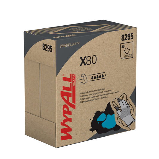 Eine Zupfbox mit der Aufschrift WypAll® X80 PowerClean von Kimberly-Clark GmbH enthält 80 stahlblaue Tücher mit Anwendungshinweisen und einer auf der Box abgebildeten Hand zum Aufwischen eines blauen Flecks. Erhältlich als 5 Boxen pro Karton (5 x 80 Blatt).