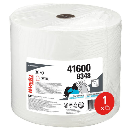 Il rotolo grande WypAll® X70 PowerClean bianco della Kimberly-Clark GmbH (1 rotolo da 870 fogli, cod. art. 41600 8348) è confezionato in plastica trasparente ed è ideale per la pulizia industriale.