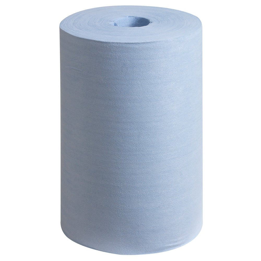 Un rotolo blu di WypAll® X60 General Clean a estrazione centrale (1 x 150 fogli) della Kimberly-Clark GmbH è in piedi su uno sfondo bianco semplice.