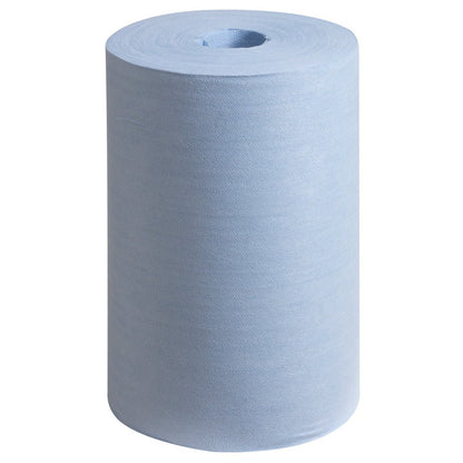 Un rotolo blu di WypAll® X60 General Clean a estrazione centrale (1 x 150 fogli) della Kimberly-Clark GmbH è in piedi su uno sfondo bianco semplice.