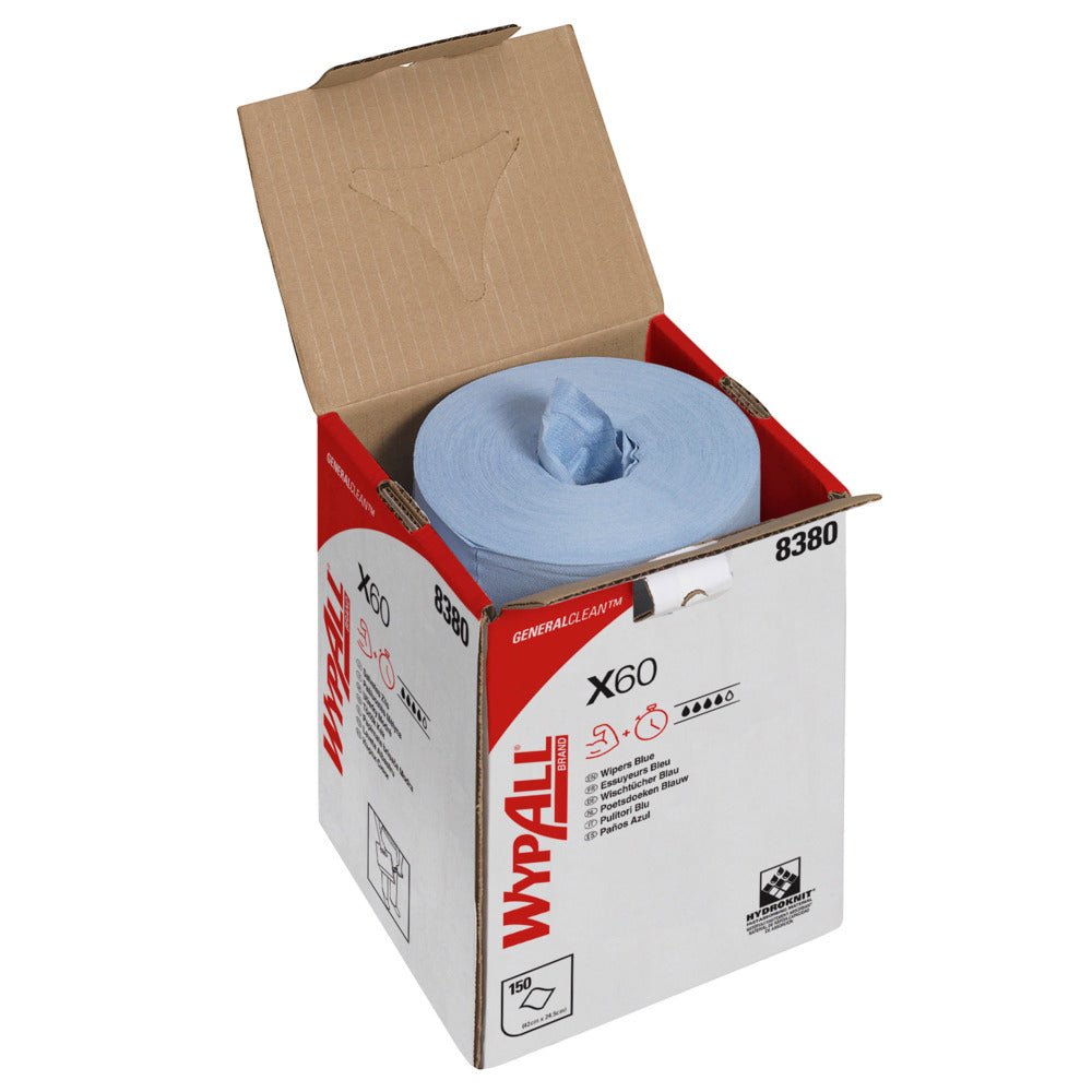 Una scatola della Kimberly-Clark GmbH con la scritta "WypAll® X60 General Clean - Estrazione centrale / Blu" contiene un rotolo blu visibile con 150 salviette, con una parte del rotolo e un asciugamano visibile attraverso un'apertura superiore.