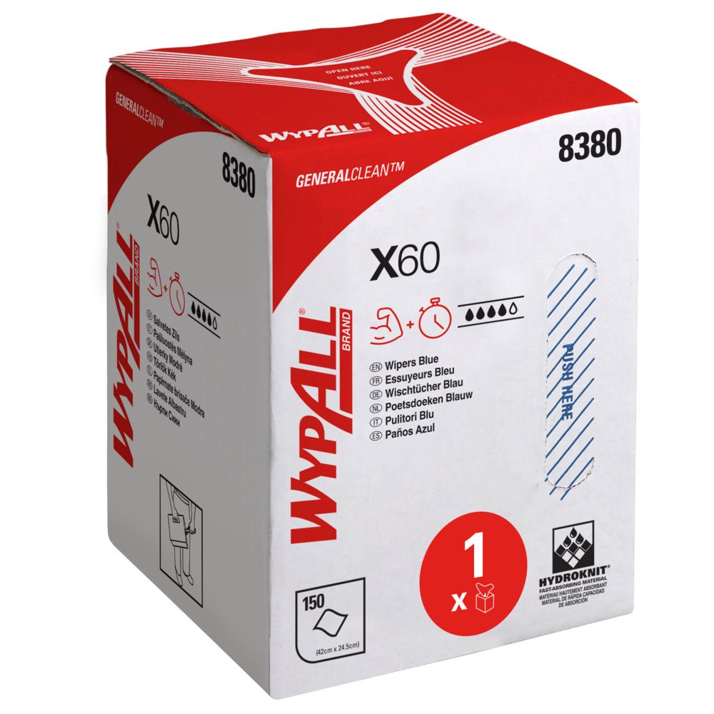 La scatola bianco-rossa di WypAll® X60 General Clean (Blu) della Kimberly-Clark GmbH è dotata di informazioni multilingue, simboli e il numero 8380. La scatola contiene 1 rotolo con 150 fogli blu e una parte dispensatrice estraibile per l'estrazione centrale.