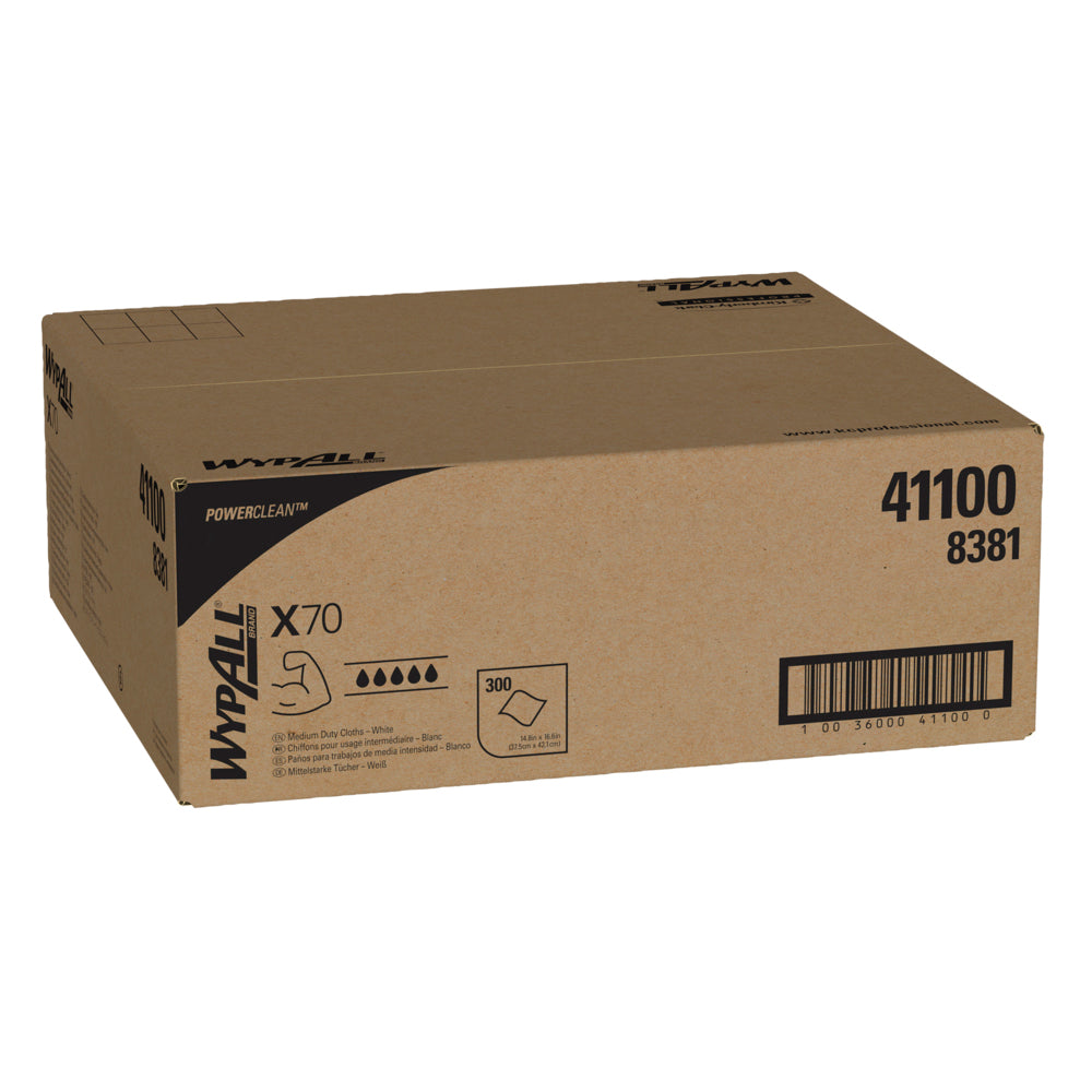 Eine versiegelte braune Schachtel von Kimberly-Clark GmbH WypAll® X70 PowerClean, Weiß (Produktnummern 41100, 8381), enthält 300 Tücher - ideal für die industrielle Reinigung. Karton (1 Box).