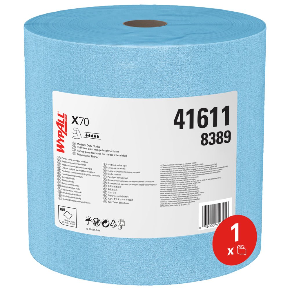 Un grande rotolo blu WypAll® X70 PowerClean della Kimberly-Clark GmbH (1 x 870 fogli per rotolo) porta un'etichetta bianca con i dettagli del prodotto, i numeri 41611 e 8389 e un simbolo rosso "1 x" - ideale per la pulizia industriale.