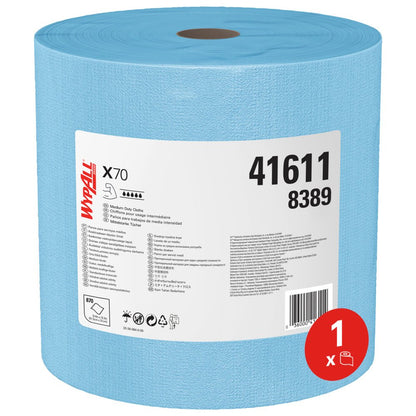 Un grande rotolo blu WypAll® X70 PowerClean della Kimberly-Clark GmbH (1 x 870 fogli per rotolo) porta un'etichetta bianca con i dettagli del prodotto, i numeri 41611 e 8389 e un simbolo rosso "1 x" - ideale per la pulizia industriale.