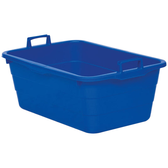 Un contenitore in plastica blu Novocal (90 litri, 750 x 490 x 310 mm) dotato di due maniglie, una su ciascun lato corto. Il robusto contenitore è vuoto ed è raffigurato su uno sfondo bianco. Marca: Novocal.