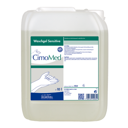 Un contenitore trasparente da 10L con la scritta "Dr. Schnell CIMOMED gel per lavaggio delle mani, senza profumo e coloranti, per la pulizia della pelle" di DR.SCHNELL GmbH & Co. KGaA con immagini di mani e istruzioni dettagliate; ideale per la pelle sensibile.