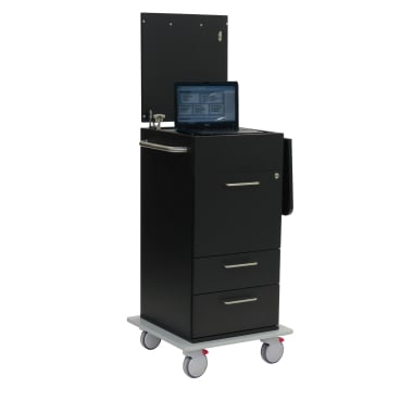 Il carrello per laptop Novocal con ripiano per laptop abbassabile (1 pezzo) in nero dispone di tre cassetti, una maniglia, un supporto per laptop, quattro ruote per la mobilità, una parete posteriore verticale e un portaasciugamani - ideale per un lavoro ergonomico.