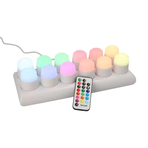 Papstar Securit® 12 candeline a LED incl. stazione di ricarica Ø 4 cm x 5 cm Tempo di illuminazione "Amsterdam" 12-40 ore