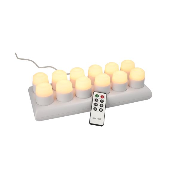 Papstar Securit® 12 candeline a LED incl. stazione di ricarica Ø 4 cm x 5 cm Tempo di illuminazione "Amsterdam" 12-40 ore